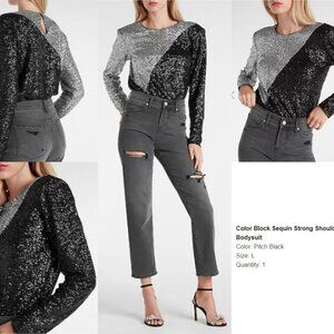 Express Sequin Color Block Bodysuit – Black/Silver – Statement Piece – Large
